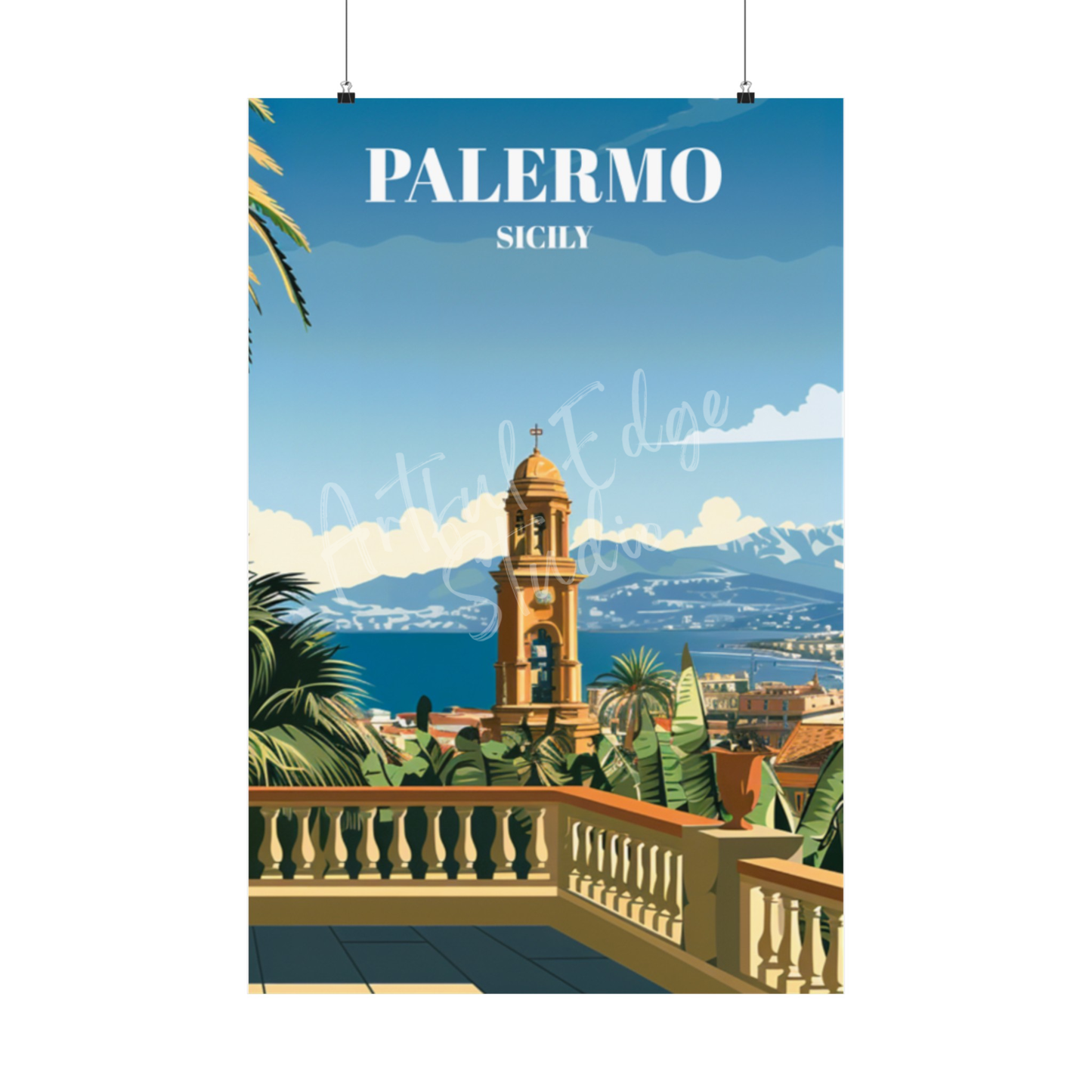 Palermo Sicily Travel Poster, Mediterranean Coastal Cityscape Art Print