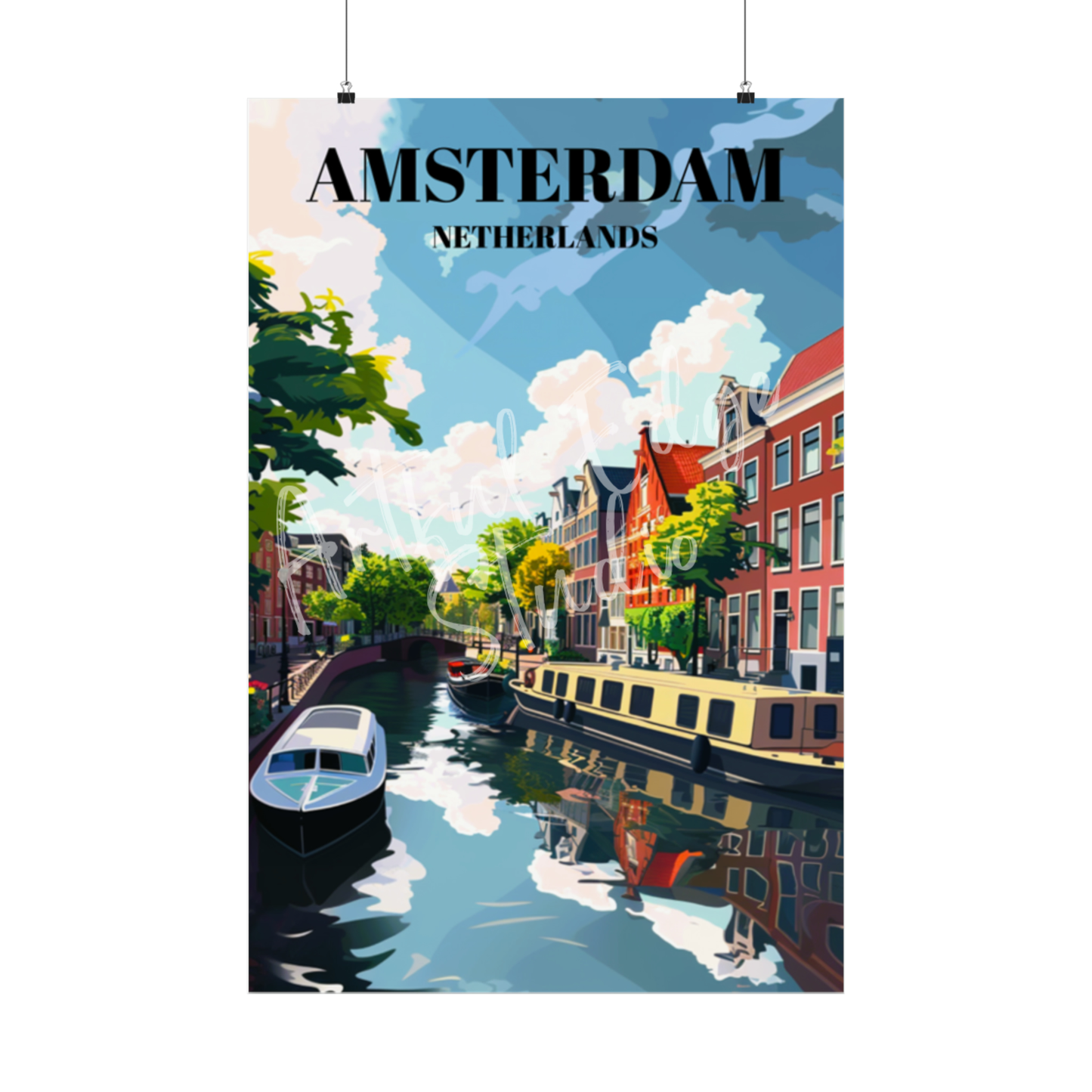 Jordaan & Amsterdam Canals Netherlands Travel Poster, Dutch Cityscape Wall Art Print