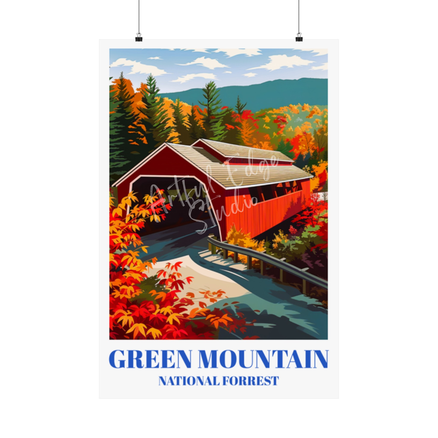 Green Mountain National Forest, Vermont Travel Poster, Red Covered Bridge