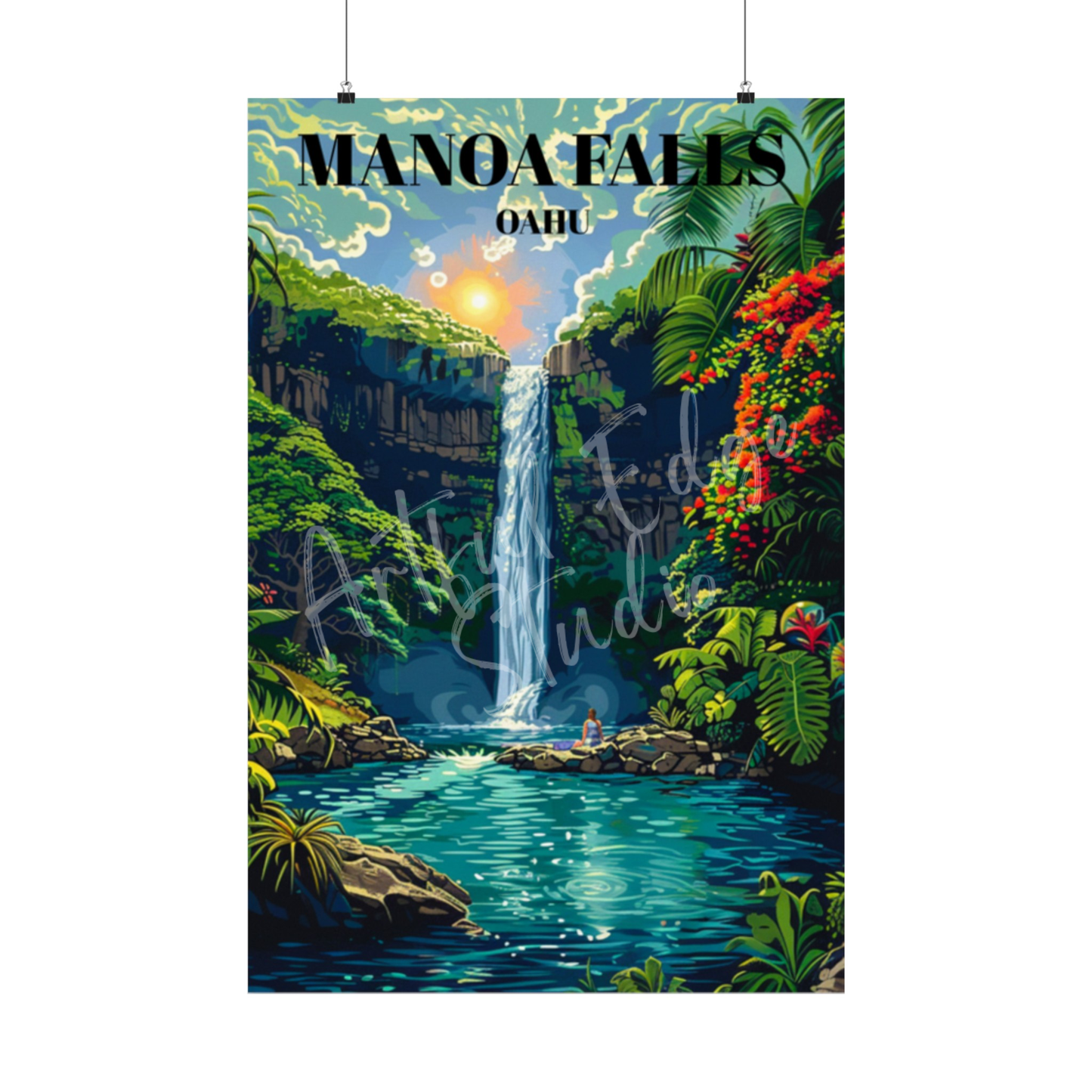 Manoa Falls Travel Poster, Stunning Honolulu Hawaii Waterfall Print