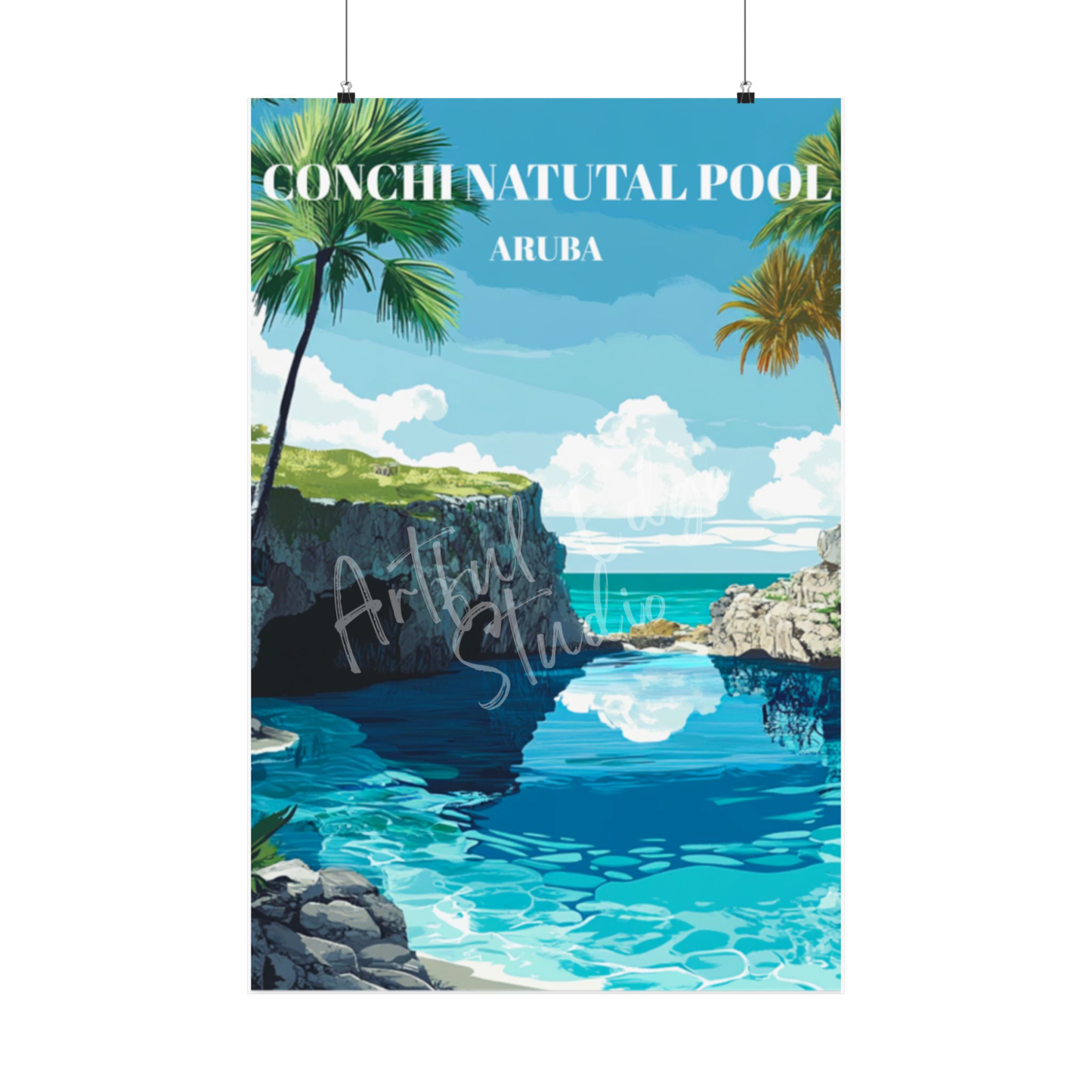 Conchi Natural Pool Aruba Travel Poster, Tropical Wall Art,