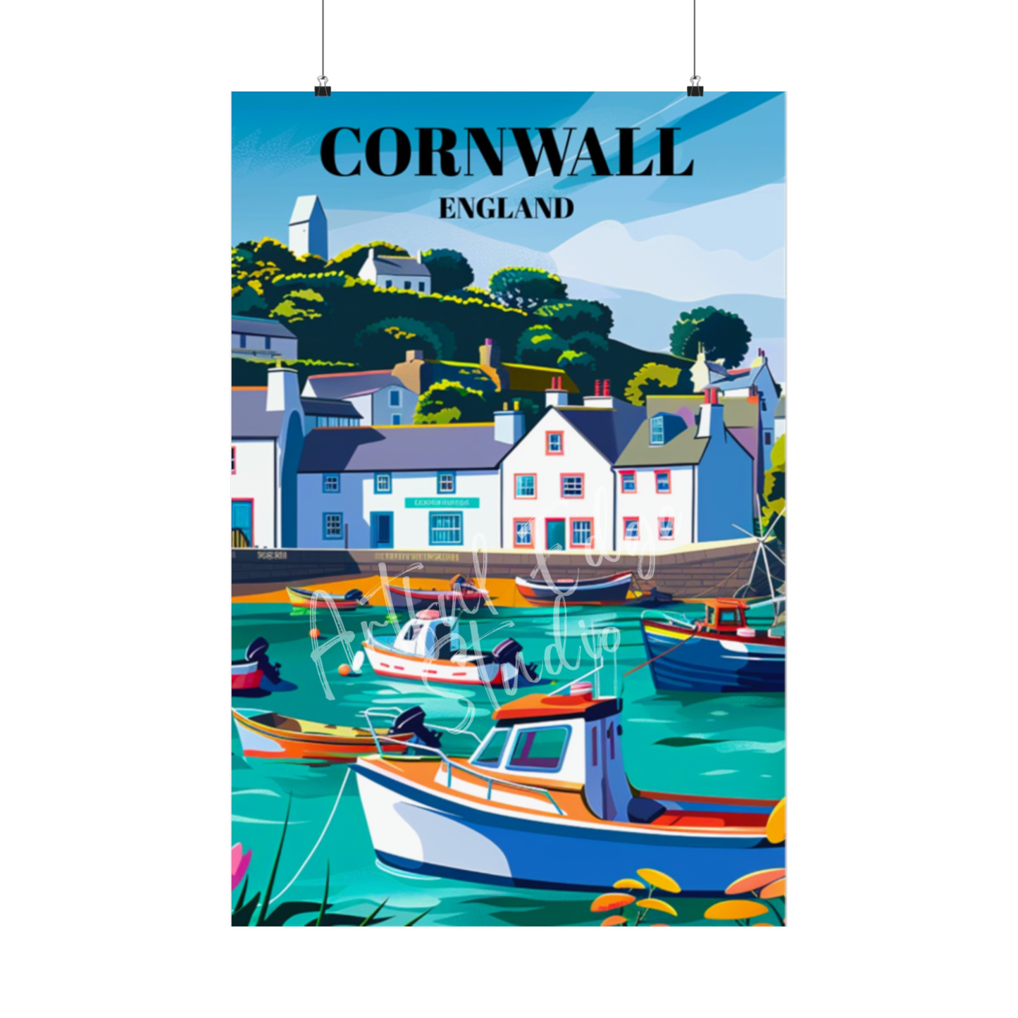 Looe Fishing Village Travel Poster, Cornwall, England, Coastal Wall Art