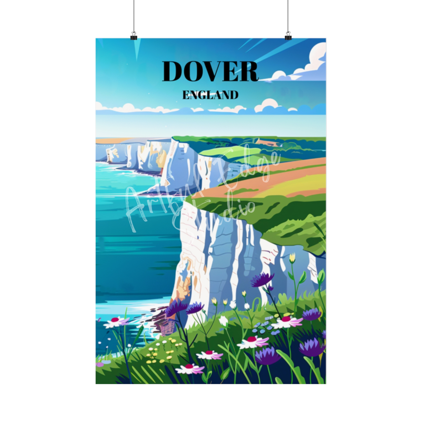 Travel Poster: Majestic White Cliffs of Dover, England, Coastal Landscape Art Print