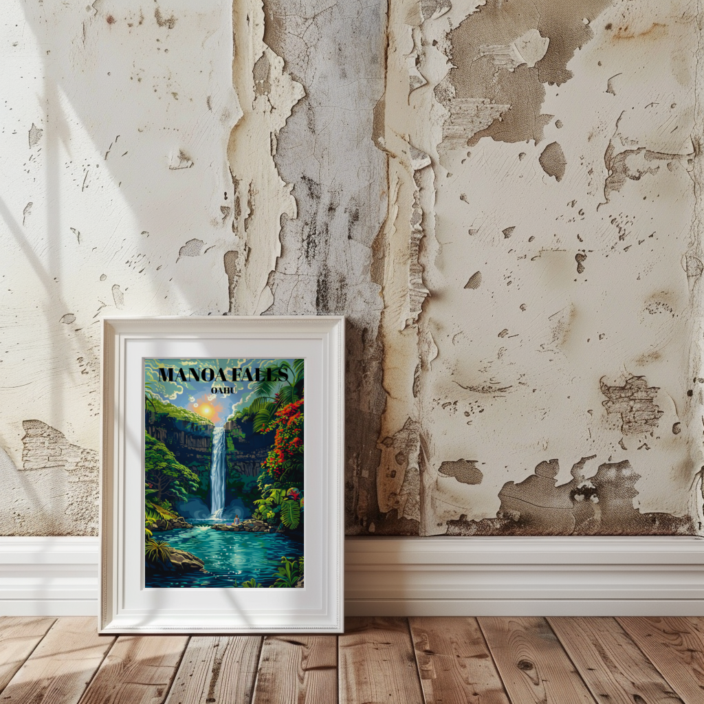Manoa Falls Travel Poster, Stunning Honolulu Hawaii Waterfall Print