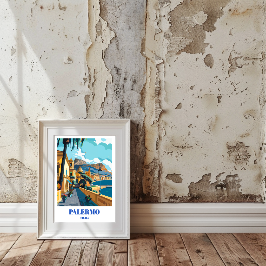 Palermo Sicily Travel Poster, Mediterranean Coastal Cityscape Wall Decor