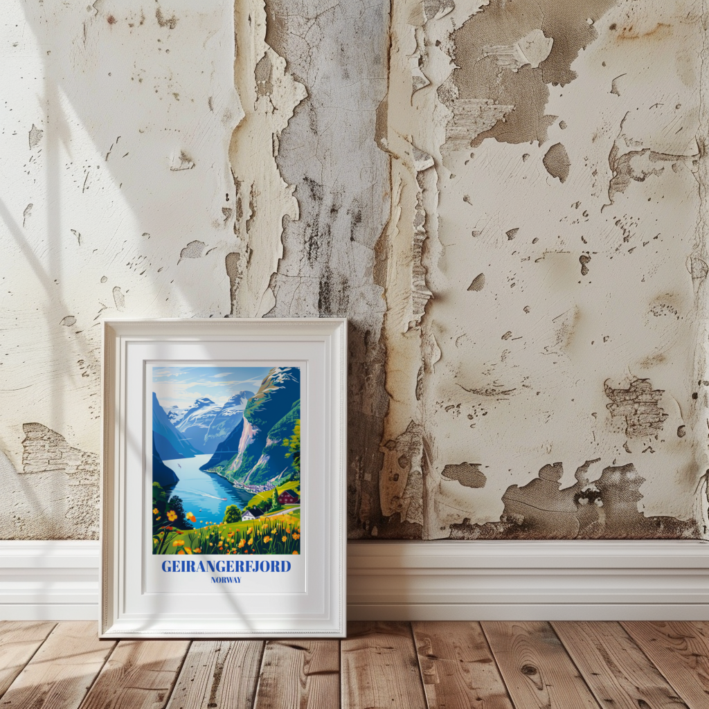 Geirangerfjord Norway Travel Poster, Stunning Scandinavian Landscape