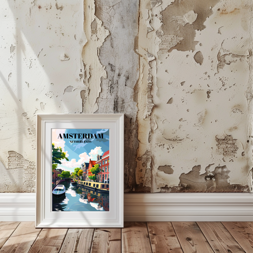 Jordaan & Amsterdam Canals Netherlands Travel Poster, Dutch Cityscape Wall Art Print