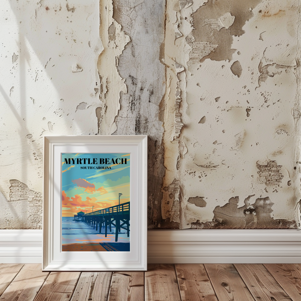 Myrtle Beach State Park Pier Travel Poster, Coastal Wall Art Print