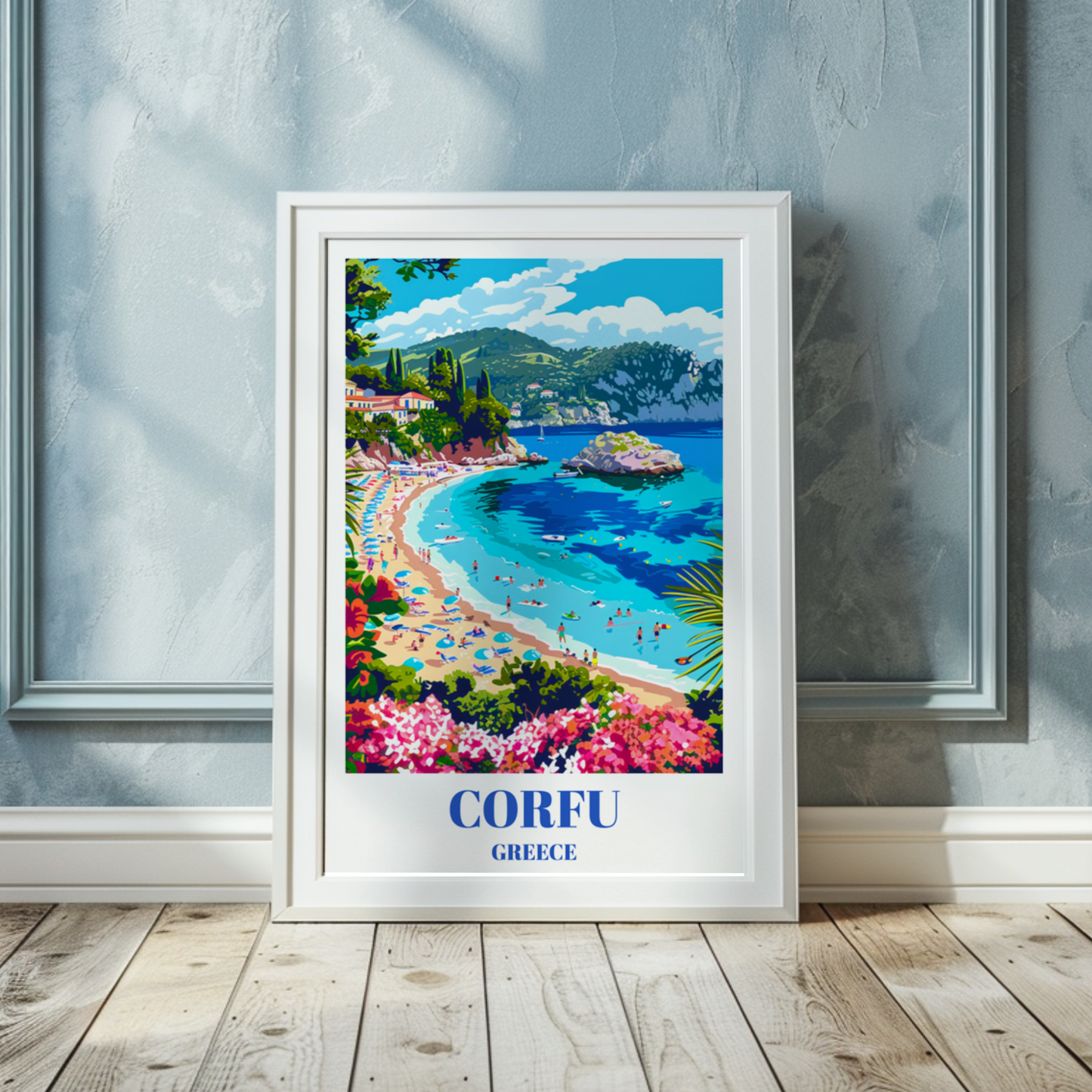 Corfu Greece Travel Poster, Greek Island Coastal Art Print, Mediterranean Wall Decor