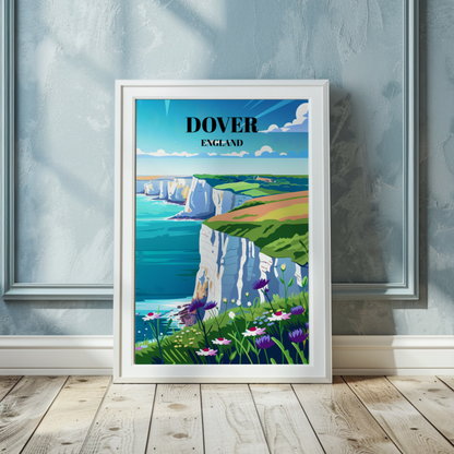Travel Poster: Majestic White Cliffs of Dover, England, Coastal Landscape Art Print