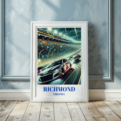 Richmond Virginia Speedway Travel Poster, Stock Car Track Wall Art Print, Night Race Illustration, High-Speed Motorsport Racing Artwork