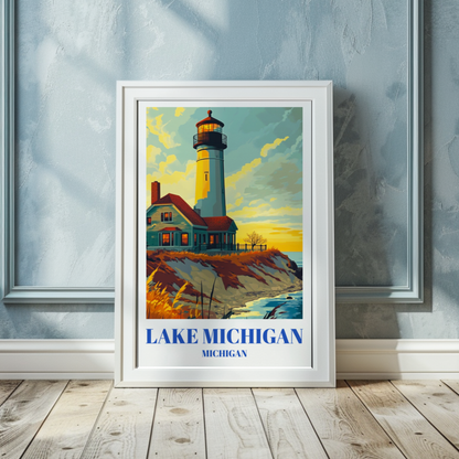 Lake Michigan Lighthouse Travel Poster,  Nautical Art Print, Coastal Decor