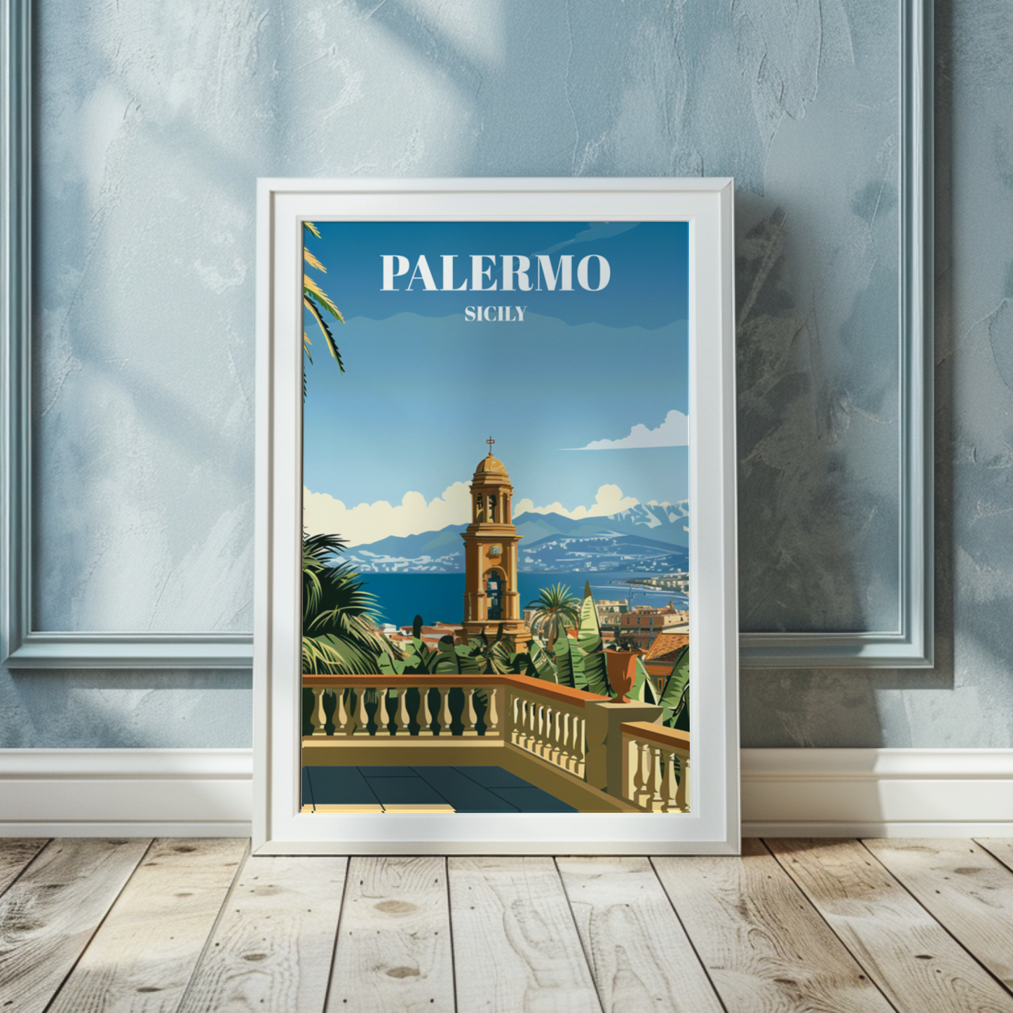 Palermo Sicily Travel Poster, Mediterranean Coastal Cityscape Art Print