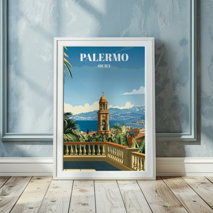 Palermo Sicily Travel Poster, Mediterranean Coastal Cityscape Art Print