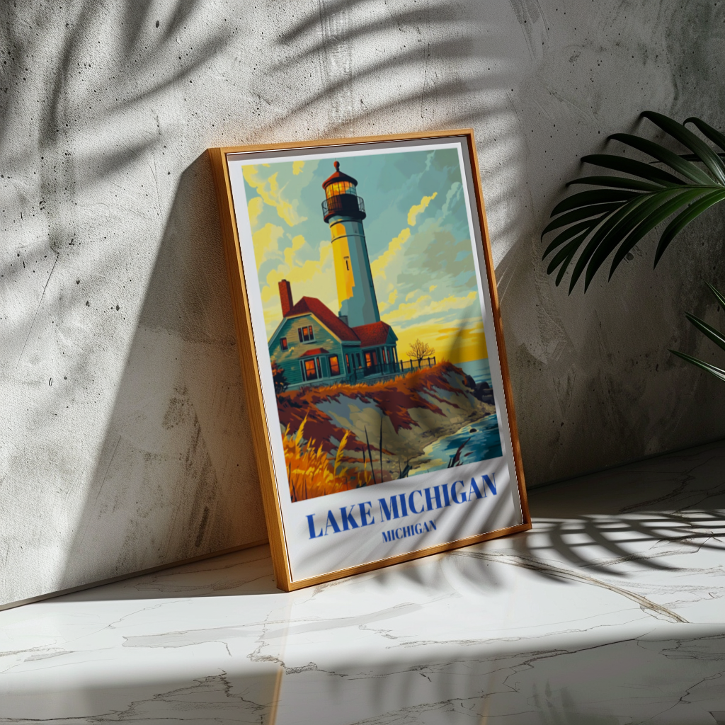 Lake Michigan Lighthouse Travel Poster,  Nautical Art Print, Coastal Decor