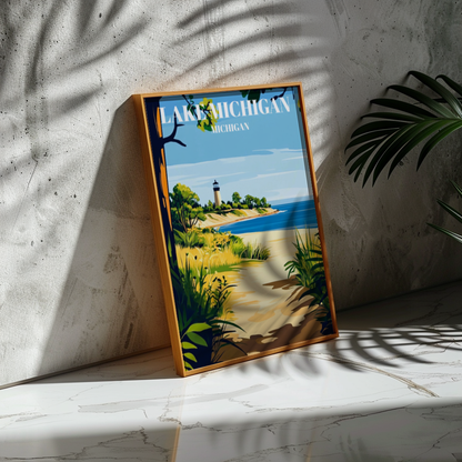 Lake Michigan Travel Poster, Great Lakes Wall Art Print, Coastal Home Decor,