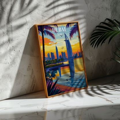 Dubai UAE Travel Poster, Iconic Burj Khalifa Art Print, Middle Eastern Wall Decor