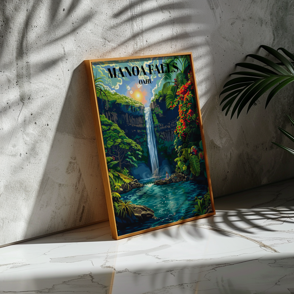 Manoa Falls Travel Poster, Stunning Honolulu Hawaii Waterfall Print