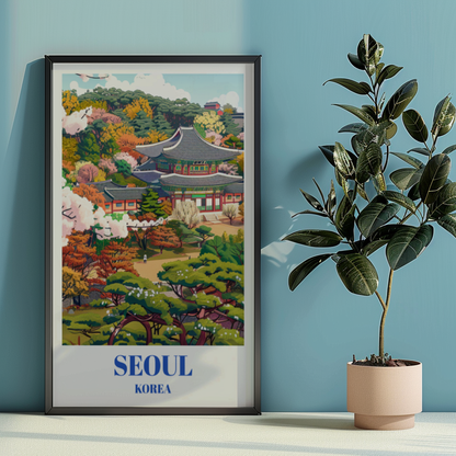 Travel Poster Changdeokgung Palace and Huwon Secret Garden in Seoul, South Korea.