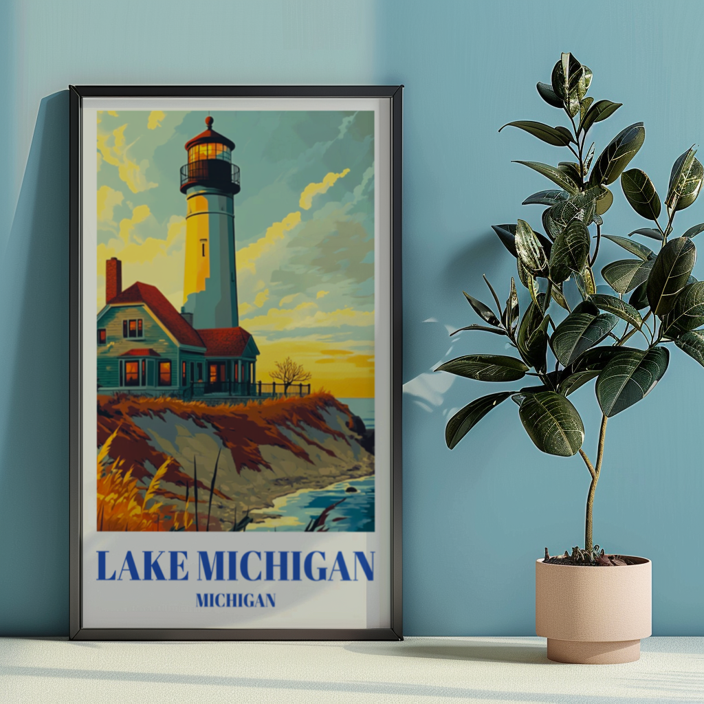 Lake Michigan Lighthouse Travel Poster,  Nautical Art Print, Coastal Decor