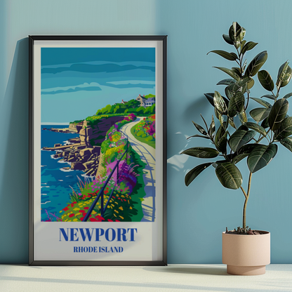 Newport Rhode Island Travel Poster: Cliff Walk Coastal Landscape