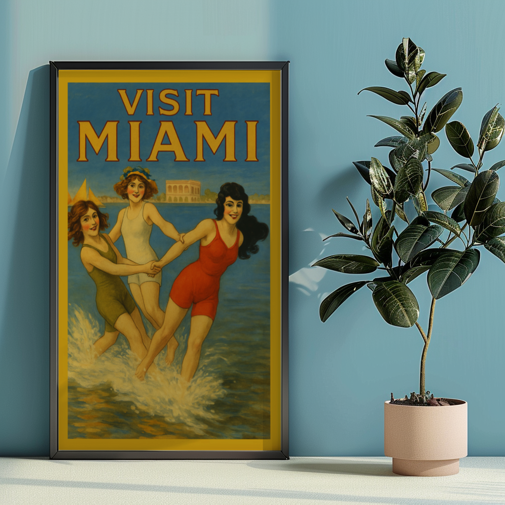 Vintage 1920s Style Miami Beach Travel Poster, Art Deco Florida Wall Art