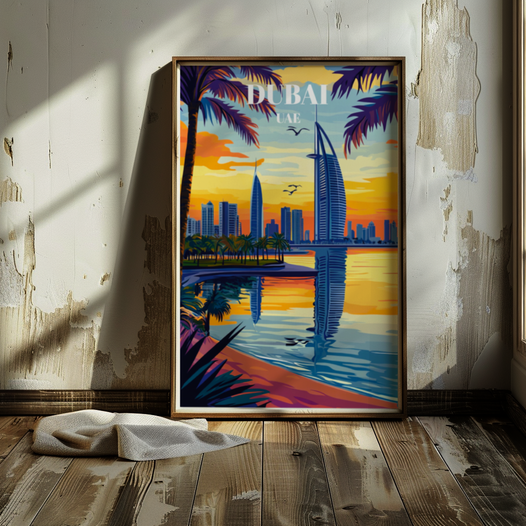 Dubai UAE Travel Poster, Iconic Burj Khalifa Art Print, Middle Eastern Wall Decor