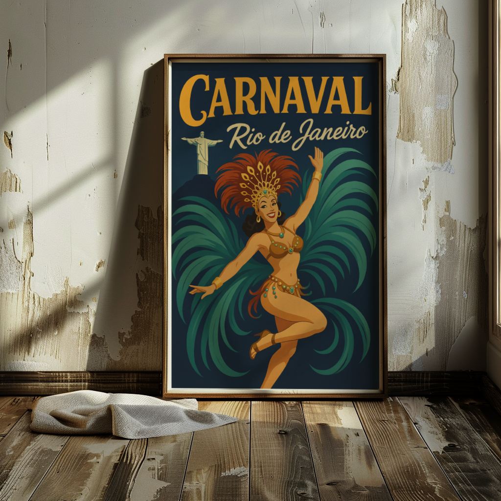Vintage Rio de Janeiro Travel Poster Carnaval Brazil Art, 1950s
