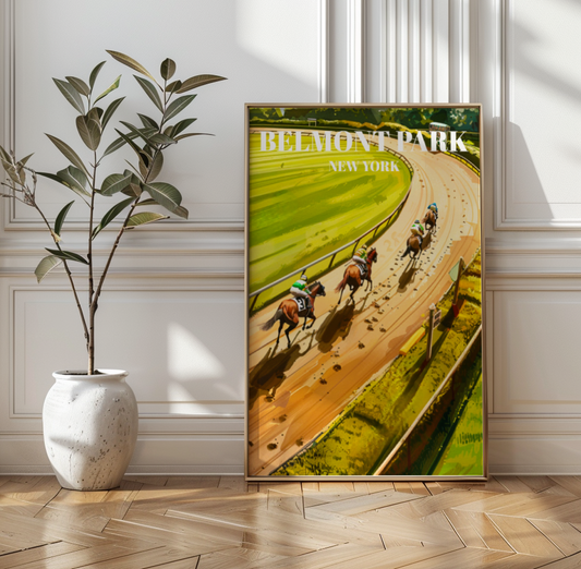 Belmont Park Racetrack Travel Poster, New York Horse Racing Art Print