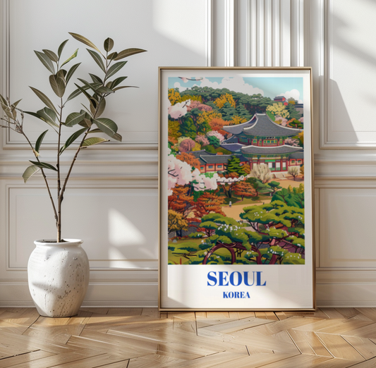 Travel Poster Changdeokgung Palace and Huwon Secret Garden in Seoul, South Korea.