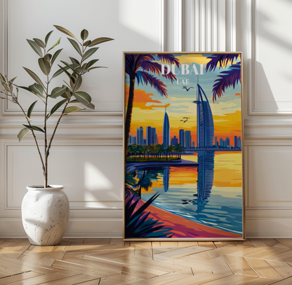 Dubai UAE Travel Poster, Iconic Burj Khalifa Art Print, Middle Eastern Wall Decor