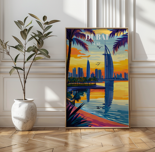 Dubai UAE Travel Poster, Iconic Burj Khalifa Art Print, Middle Eastern Wall Decor