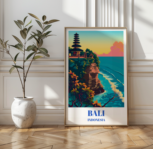 Uluwatu Temple Bali Palace Indonesia Travel Poster, Sunset View, Ocean Cliff