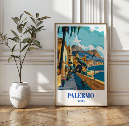 Palermo Sicily Travel Poster, Mediterranean Coastal Cityscape Wall Decor