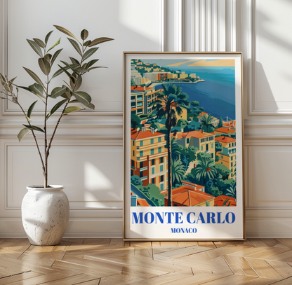 Monaco Travel Poster, Monte Carlo Skyline Art Print, French Riviera Wall Decor
