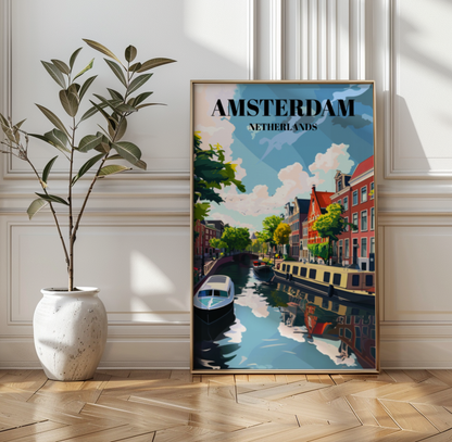 Jordaan & Amsterdam Canals Netherlands Travel Poster, Dutch Cityscape Wall Art Print