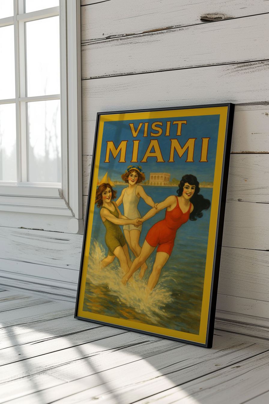 Vintage 1920s Style Miami Beach Travel Poster, Art Deco Florida Wall Art