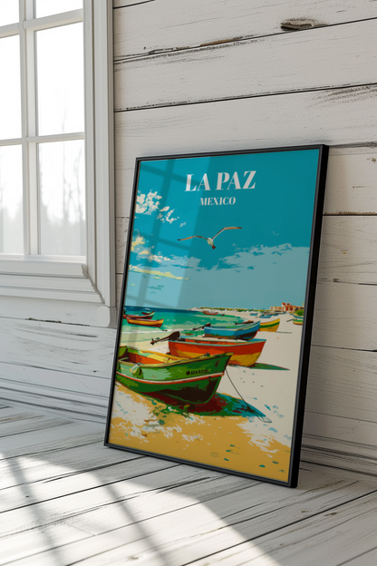 La Paz Mexico Travel Poster, Coastal Wall Art Print With Mexican Panga Fishing Boats