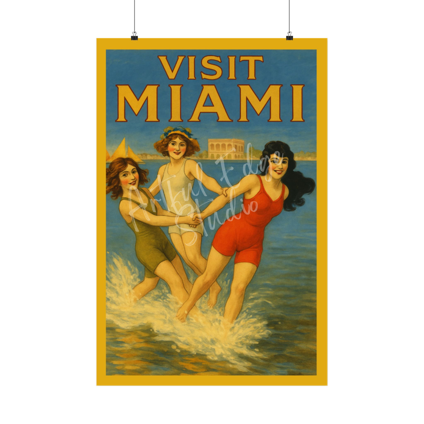 Vintage 1920s Style Miami Beach Travel Poster, Art Deco Florida Wall Art