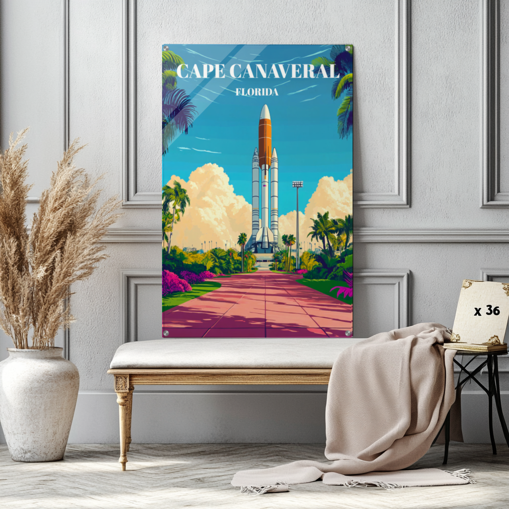Acrylic Print Cape Canaveral Florida Travel Poster, Space Coast Vintage Art Print,
