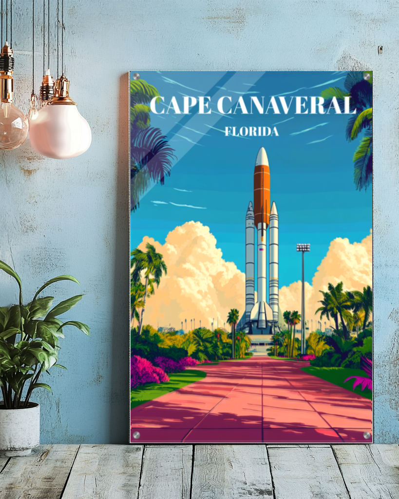 Acrylic Print Cape Canaveral Florida Travel Poster, Space Coast Vintage Art Print,