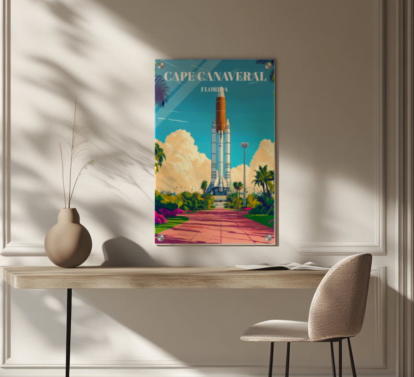 Acrylic Print Cape Canaveral Florida Travel Poster, Space Coast Vintage Art Print,