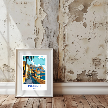 Palermo Sicily Travel Poster, Mediterranean Coastal Cityscape Wall Decor